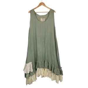 Tina Givens Women's Lagenlook 100% Linen Sleeveless Maxi Dress Green Ivory XL
